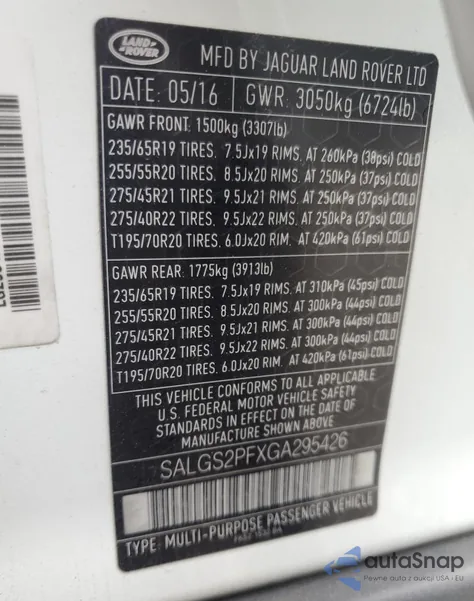 2016 Land Rover Range Rover Hse z USA, uszkodzony, nr VIN SALGS2PFXGA295426